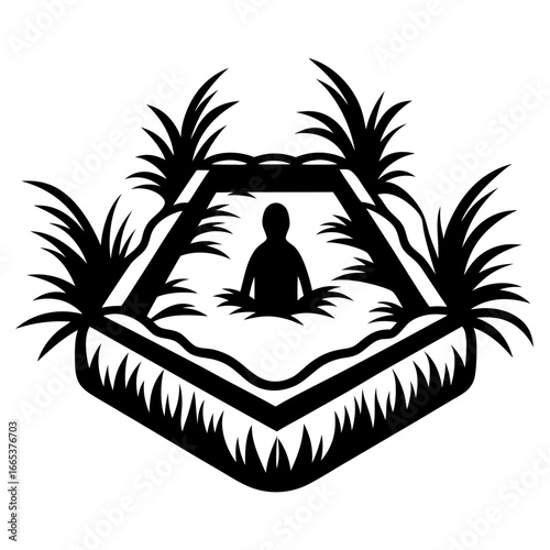 Monochrome emblem of a person relaxing in a pool surrounded by plants