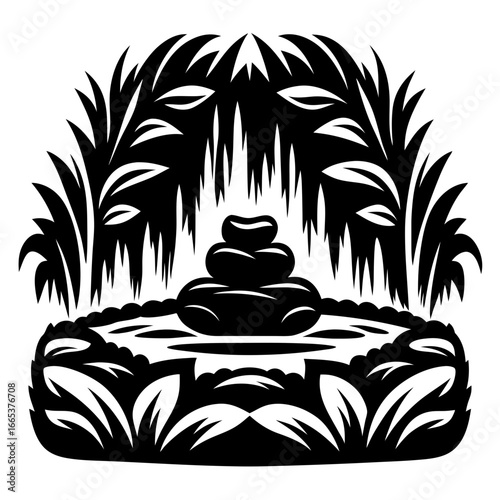 Silhouette image of a tropical zen garden with stacked stones and plants
