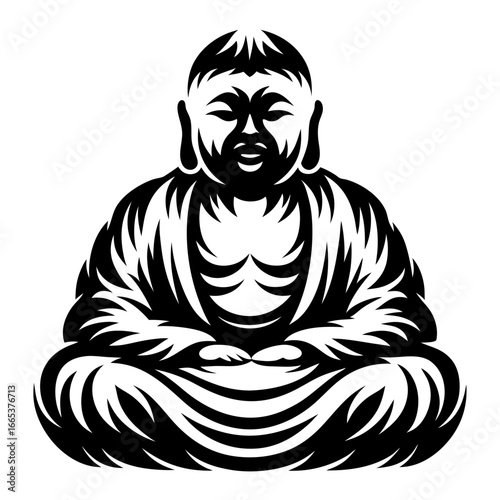 Black and white stylized illustration of a seated Buddha in meditation pose
