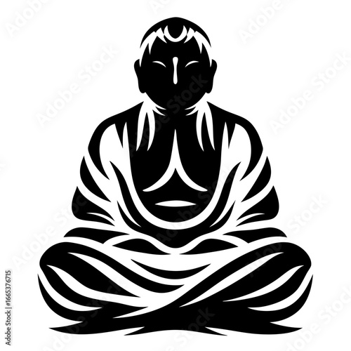Stylized Buddha in Meditation Pose with Abstract Black and White Design