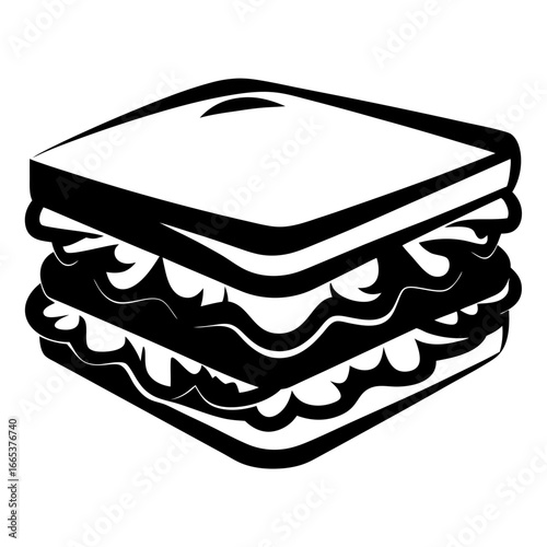 Black and white illustration of a delicious club sandwich with lots of fillings