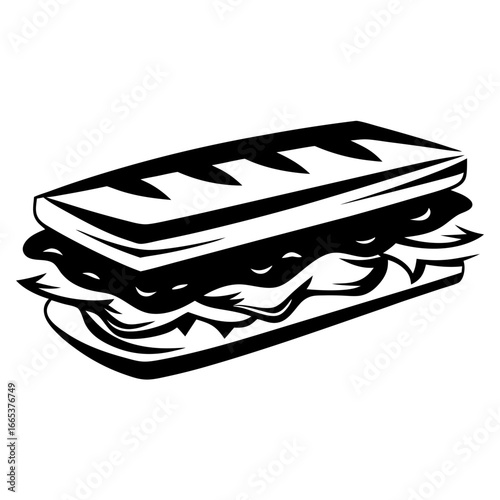 Black and white vector illustration of a delicious looking sandwich, ideal for lunchtime