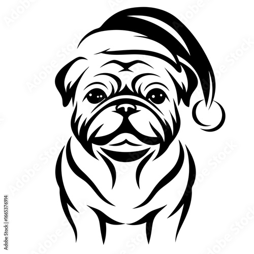 Pug with Santa Hat Vector Illustration, Dog Ready for Christmas Holiday