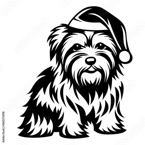 Adorable furry dog wearing a Santa Claus hat in a black outline
