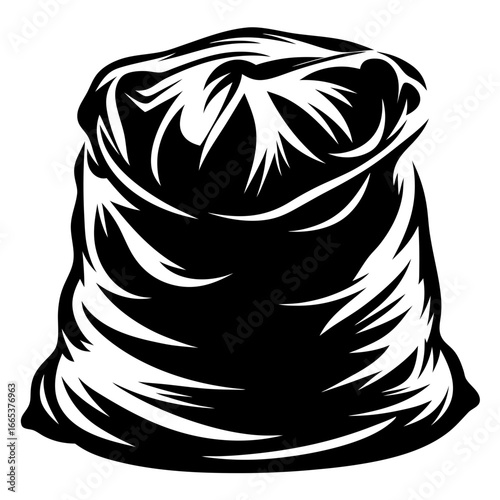 Stylized black and white drawing of a burlap sack overflowing with contents