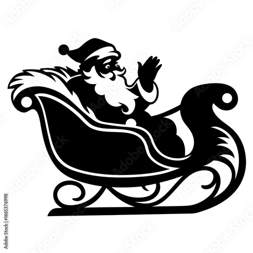 Santa Claus in a fancy decorated sleigh greeting everyone silhouette design