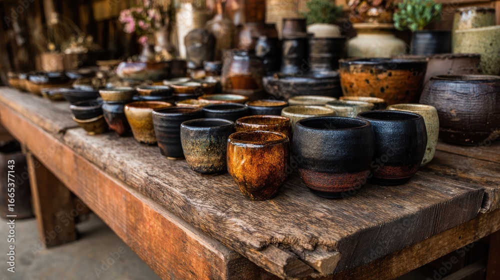 custom made wallpaper toronto digitalStunning photo of rustic Wooden Table Displaying an Array of Brown and Black Pottery Cups.