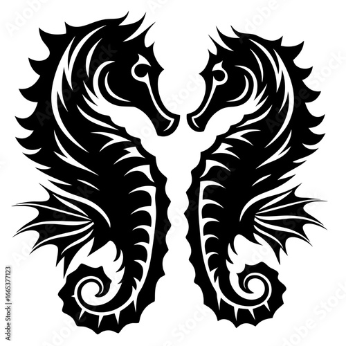 Elegant Seahorse Pair Symmetrical Design in Black and White Tattoo Style