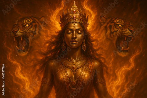 Golden goddess with crown jewelry and tigers symbolizing fearlessness strength divinity courage and protective spiritual power