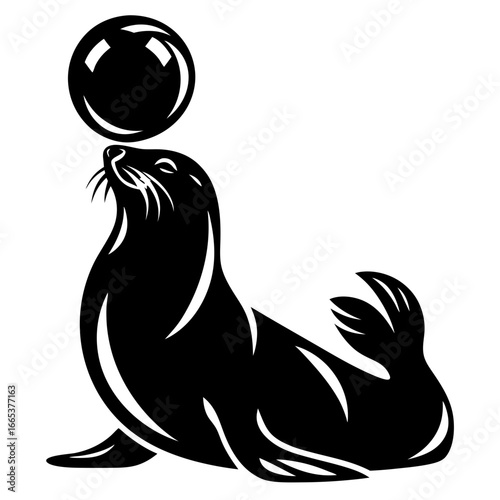 A graceful silhouette illustration of a seal balancing a shiny ball overhead