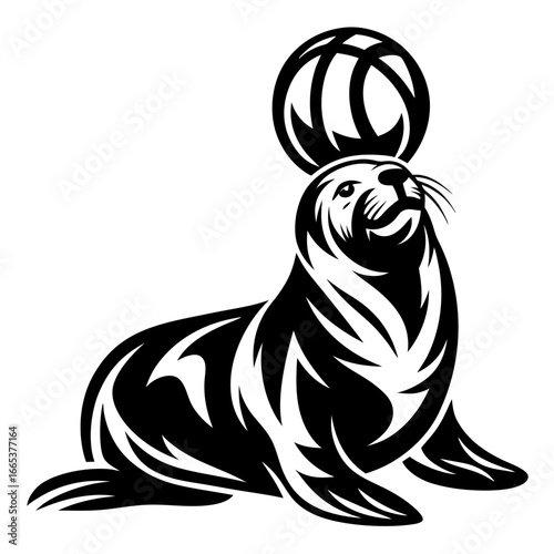 Monochrome Seal Balancing Ball Vector Illustration with Tribal Tattoo Style