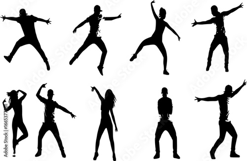 A set of men and women street dance hip hop dancers in silhouette
