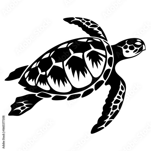 Elegant Black and White Silhouette of a Sea Turtle Gracefully Swimming
