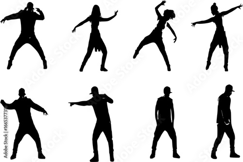 A set of men and women street dance hip hop dancers in silhouette
