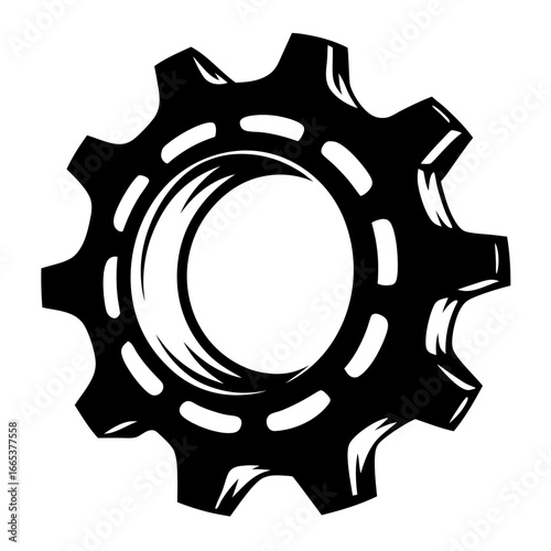 Black and white vector drawing of a stylized cog wheel or gear