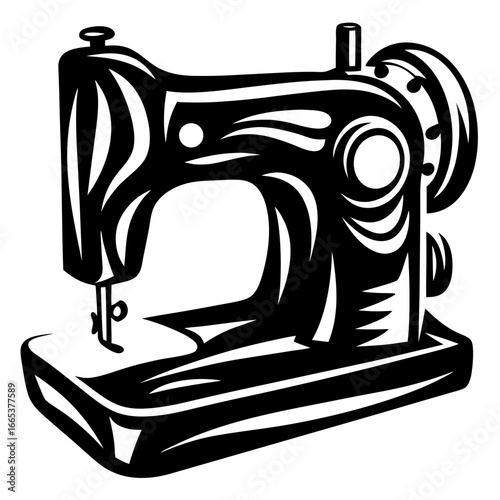Vintage Sewing Machine Illustration in High Contrast Black and White Style