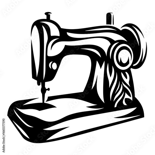 Stylized monochrome image of a vintage sewing machine with intricate line work