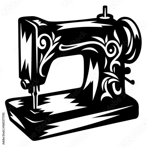 Vintage Sewing Machine Black and White Line Art Illustration Design