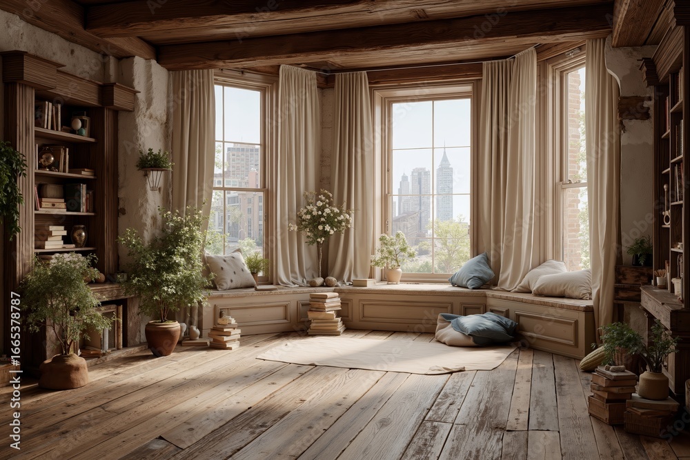 Fototapeta premium A room with a window seat and a wooden floor