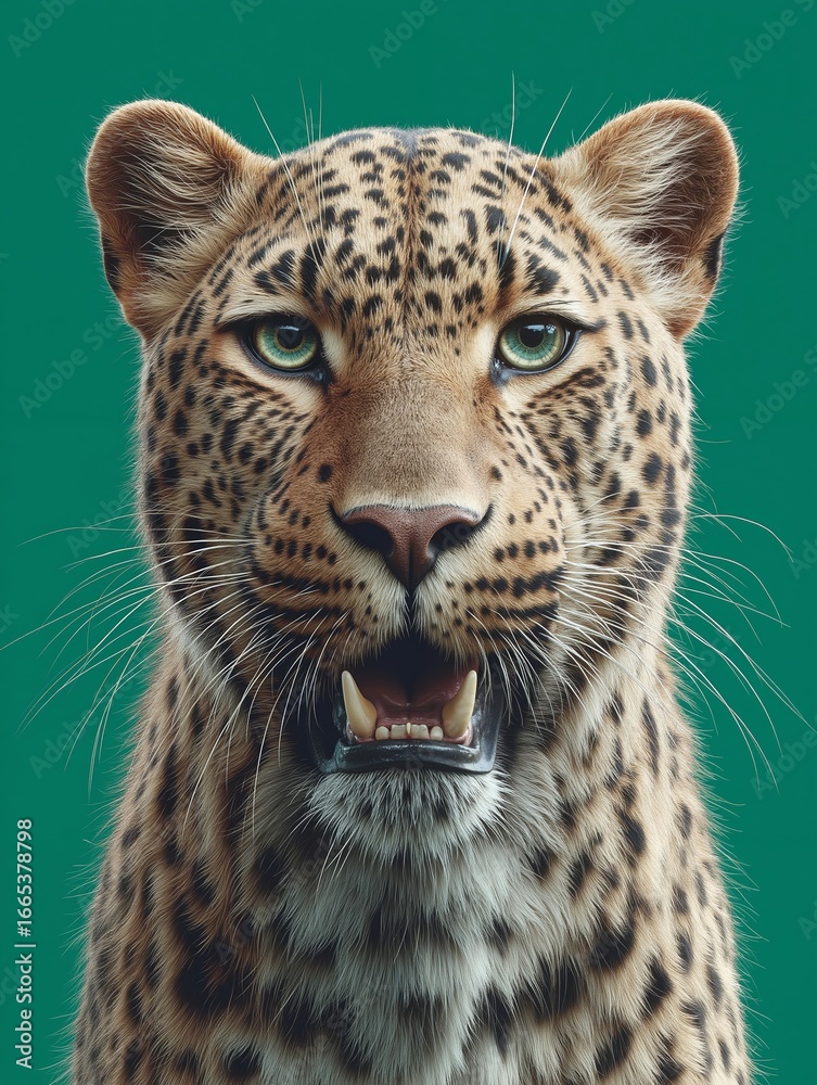 Fototapeta premium A close up of a leopard's face with a green background