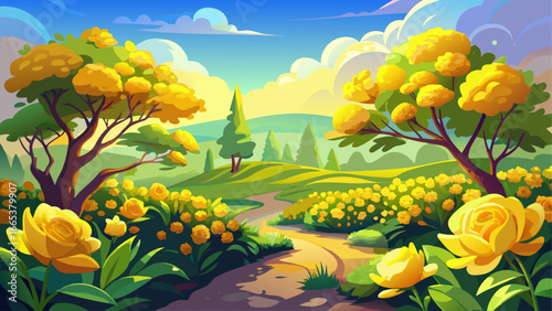 Springtime vibrant yellow blooms adorn lush shrubbery, radiant blossoms glowing softly in warm light, timeless freshness whispers joy, eternal harmony inspires peace, landscape breathes renewal beneat