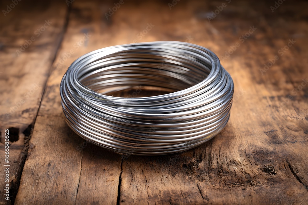 Artisanal aluminum coil isolated on rustic wood showcasing industrial artistry and elegant metal design elements Artisanal aluminum coil isolated on rustic wood showcasing industrial artistry and elegant metal design elements