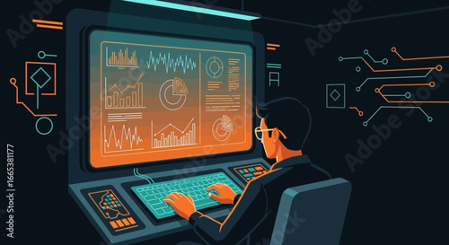 Analyst monitoring financial charts and data on a large computer screen interface
