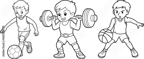 Cartoon boys playing soccer, weightlifting, basketball, sports activity illustration, kids fitness, colorful vector, children outdoor games, healthy lifestyle, training scene