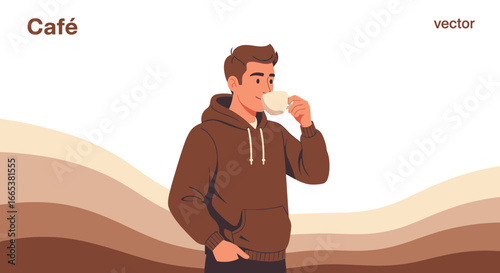 A young man enjoys a warm cup of coffee in a cozy cafe setting with illustration style vector
