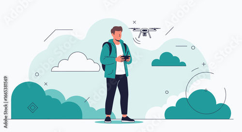 A young man operating a drone, flying it in the sky with a controller in hand illustration