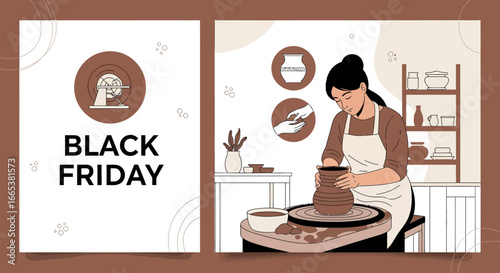 Black Friday pottery promotion with artisan woman crafting ceramics on wheel sale