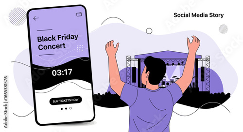 Advertising Black Friday concert on a social media story with enthusiastic fan in front the stage