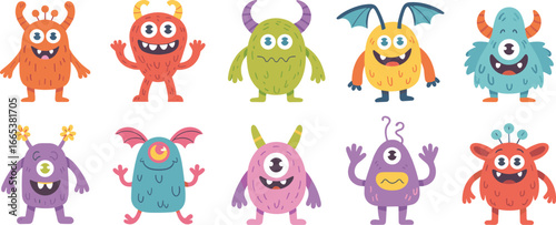 Cartoon monsters set, cute colorful characters, funny fantasy creatures, vector illustration for kids, playful design for games, books, party decorations