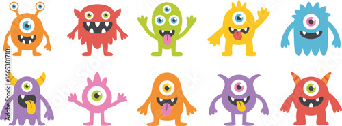 Cartoon monsters set, cute colorful fantasy creatures, funny characters with unique shapes, vector illustration for kids, games, books, party decorations