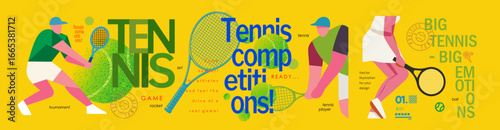 Tennis. Modern tennis competition banner with abstract images of players, rackets, typography and balls. Dynamic vector design for sports event, tournament and activities, poster and icons