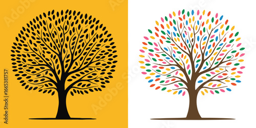 creative dual tree depicting bold monochrome branches and vibrant multicolor leaves, ai eps jpeg png vector design