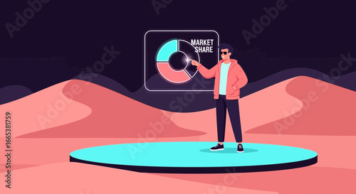 Analyzing market share data on a virtual platform with digital visualization, representing