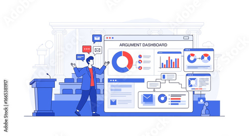 Argument Dashboard presentation in a courtroom setting with data visualization