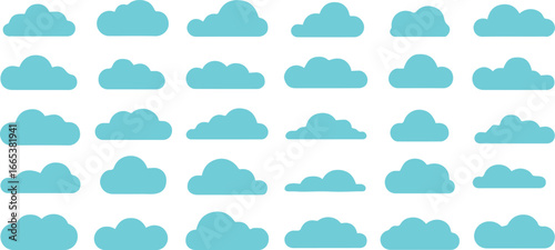 vector cloud icon set grid of 30 stylized white cloud shapes for weather apps and graphic design ai eps jpeg png