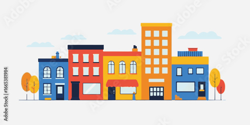 stylized flat design city skyline buildings with colorful facades and seasonal trees vector illustration for planning applications