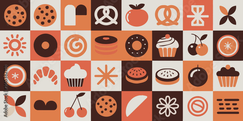 geometric food tile background with retro dessert icons seamless vector cookies pretzels cherries cupcakes watermelon
