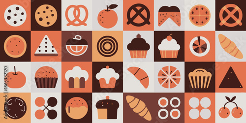 colorful seamless pattern retro food icons grid vector illustration with cookies cupcakes cherries watermelon pretzels