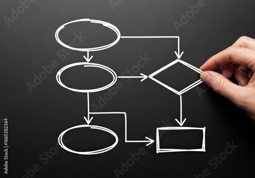 A close-up of a hand sketching a flowchart on a blackboard, illustrating a process flow with simple shapes.