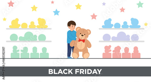 Black Friday Sale at the Toy Store: A Child's Dream of Discounted Plush Toys and Holiday Cheer