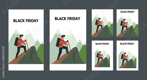 Black Friday sale announcement with climber illustration on mountains background
