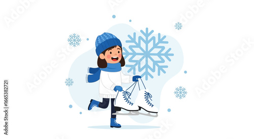 Cheerful girl with ice skates in winter enjoying the snowy season activity