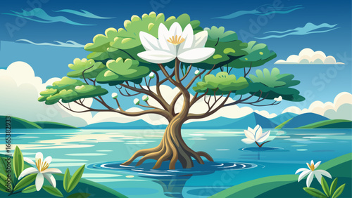 White-colored Sonneratia alba, graceful mangrove of Lythraceae family, blossoms along tranquil waters, timeless beauty whispers resilience, harmony of life inspires serenity, eternal nature radiates p