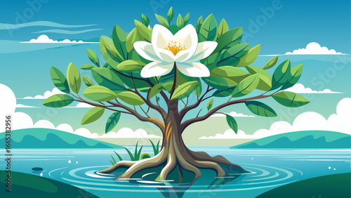 White-colored Sonneratia alba, graceful mangrove of Lythraceae family, blossoms along tranquil waters, timeless beauty whispers resilience, harmony of life inspires serenity, eternal nature radiates p