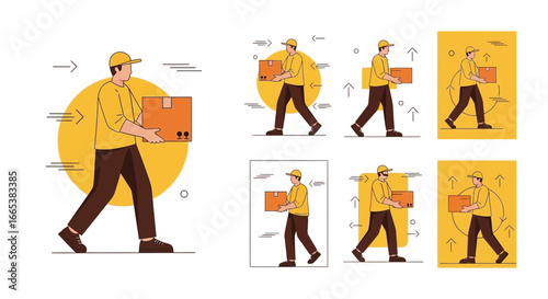 Delivery service illustration set showing courier carrying packages quickly to customer