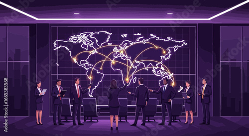 Diverse business team reviewing global network map in a modern conference room